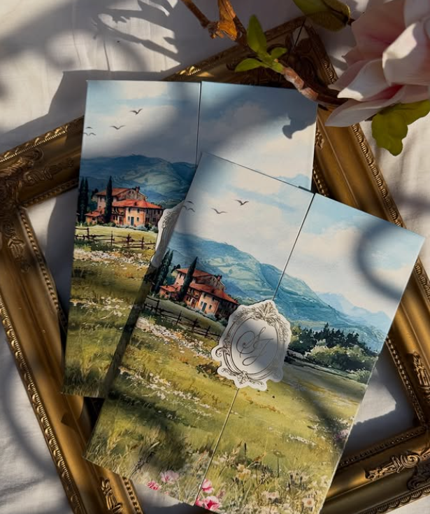 Custom scenic Italian countryside wedding invitations with elegant crest